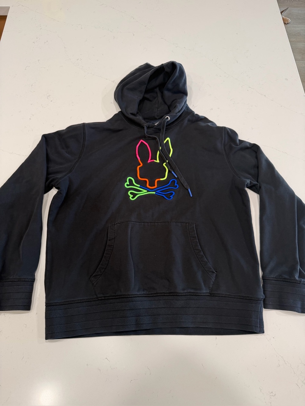 Psycho Bunny Men’s Black Hoodie with Neon Rainbow Bunny & Crossbones - Large
